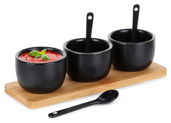 Set servire 3 boluri ceramice cu lingurițe Vilde - Pe tavă din bambus, negru mat