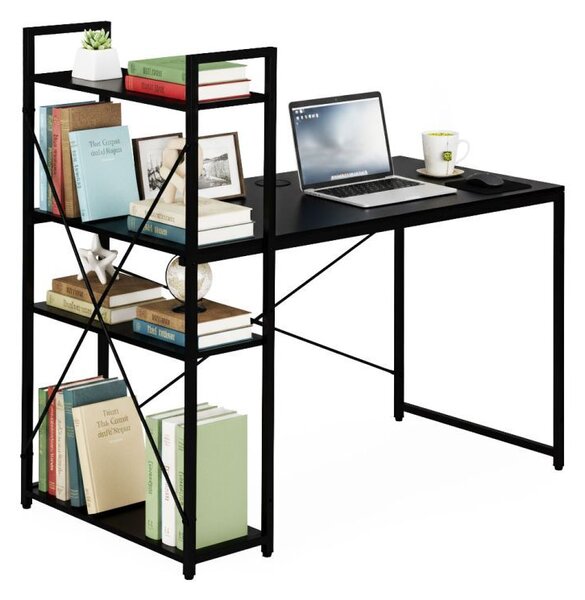 Birou pentru computer în stil Loft ModernHome - Cu rafturi de depozitare, cadru metalic, negru, 120x60 cm