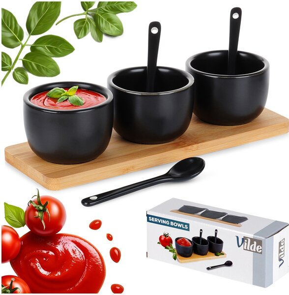 Set servire 3 boluri ceramice cu lingurițe Vilde - Pe tavă din bambus, negru mat