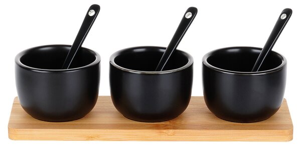 Set servire 3 boluri ceramice cu lingurițe Vilde - Pe tavă din bambus, negru mat