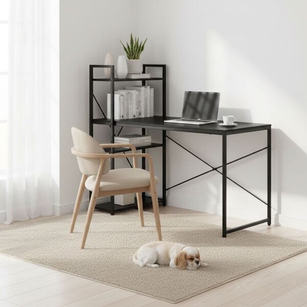 Birou pentru computer în stil Loft ModernHome - Cu rafturi de depozitare, cadru metalic, negru, 120x60 cm