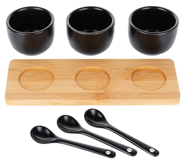 Set servire 3 boluri ceramice cu lingurițe Vilde - Pe tavă din bambus, negru mat