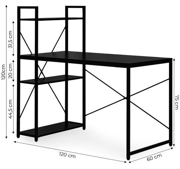 Birou pentru computer în stil Loft ModernHome - Cu rafturi de depozitare, cadru metalic, negru, 120x60 cm