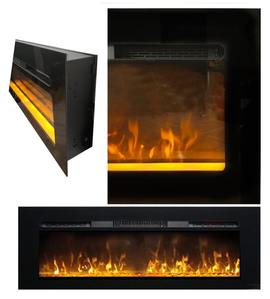 Semineu incorporat 3D ElectricSun PAULA GLASS negru XXS, pe perete, podea sau incorporabil, 3 culori, L76xH45cm