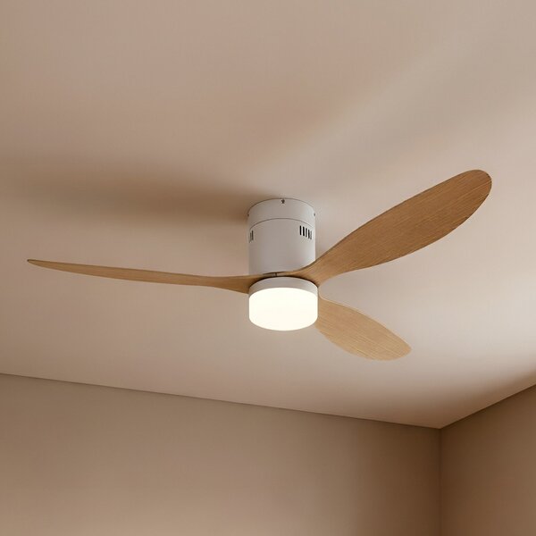 Lucande Ventilator de tavan LED Kayu, alb/lemn, DC, 132 cm, Lemn, Camera de zi / sufragerie, Plastic, Modern