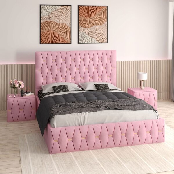 Pat Tapitat Eric Roz cu Noptiere Tapitate Roz fara Saltea 140x200