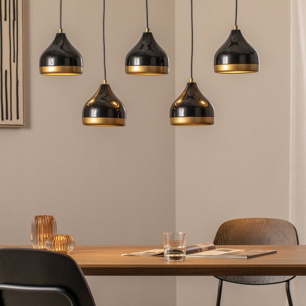 Opviq Lampă suspendată Yildo, negru/auriu, cu 5 becuri. Lungime 111 cm, reglabil, Negru, Camera de zi / sufragerie, Metal, Modern