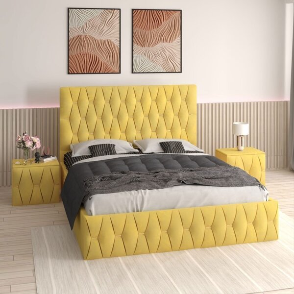 Pat Tapitat Eric Galben cu Noptiere Tapitate Galben fara Saltea 140x200