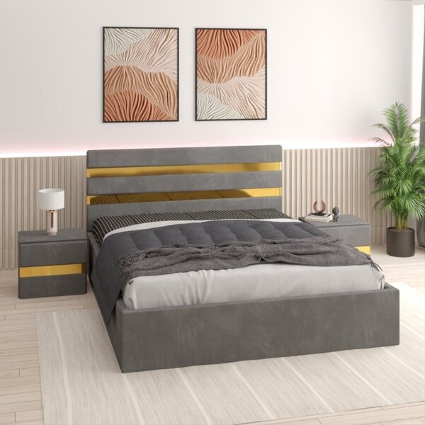 Pat Clio Gri cu Noptiere fara Saltea 140x200