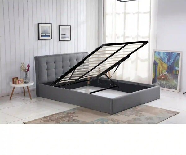 Pat cu somiera metalica rabatabila PADVA 160x200, stofa gri, cu spatiu