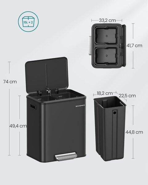 Cos de gunoi Negru Songmics 41.7x33.2x49.4 cm