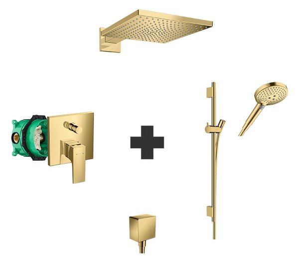 Set baterie de dus, Hansgrohe, Metropol, cu corp incastrat, bara si furtun, para de dus, palarie de dus, cot racord, auriu lucios