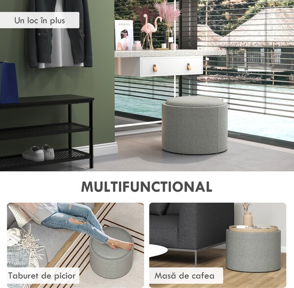 HOMCOM Taburet otoman rotund cu capac rabatabil stil tava, Taburet cu material similar inului, Masuta de cafea cu spatiu ascuns de depozitare