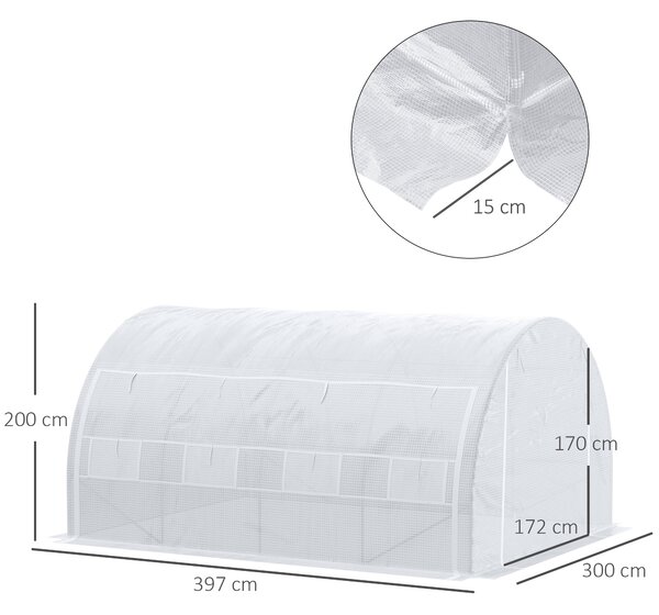 Outsunny Seră cu Tunel cu Ușă, Panouri și 8 Ferestre Rulabile, în Oțel Zincat și PE, 3.97x3x2 m, Alb | Aosom Romania