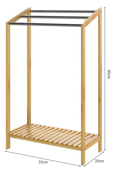 Suport pentru prosoape din bambus RUBBY cu bare metalice și raft, 51x31x85 cm, maro/argintiu Casaria