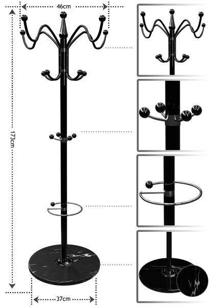 Cuier de podea TENZY cu bază din marmură, 37x173cm, negru Casaria