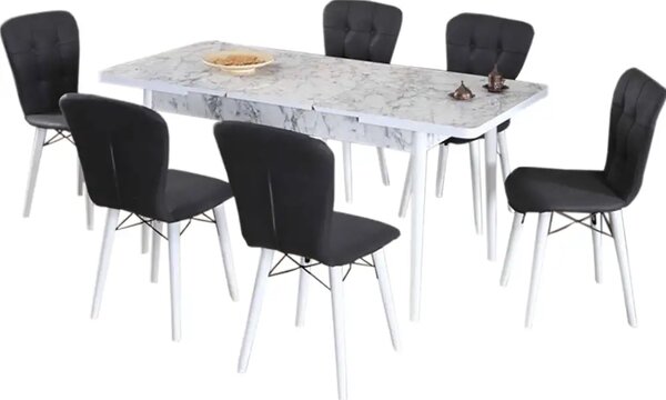 Set masa extensibila cu 6 scaune tapitate Homs marmorat alb 250-30650 bej- negru 170 x 80 cm