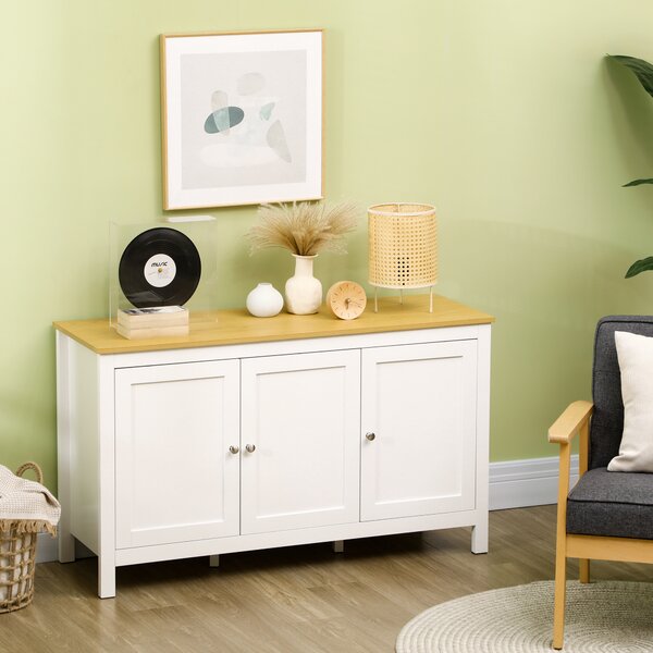 HOMCOM Credență de Bucătărie cu 3 Uși, Mobilier Modern de Bucătărie cu Raft Reglabil, Credență Tip Bufet pentru Sufragerie, Sala de Mese și Salon, 120x40x70 cm, Alb și Culoare Lemn | Aosom Romania