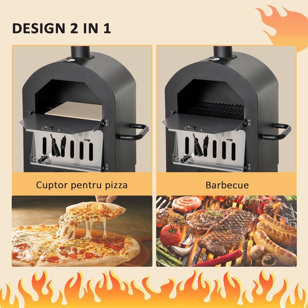 Outsunny Cuptor Portabil cu Cărbune pentru Pizza și Barbecue, Cuptor cu Lemne, Coș de Fum și Raft Inferior, 63x54x161 cm, Negru | Aosom Romania