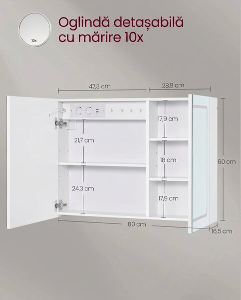 Dulap baie cu oglinda cu LED, Tiago, Alb, 80x60x16.5 cm