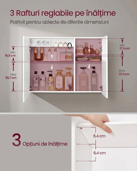 Dulap baie cu oglinda cu LED, Tiago, Alb, 80x60x16.5 cm