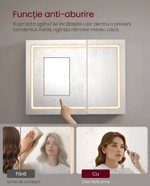Dulap baie cu oglinda cu LED, Tiago, Alb, 80x60x16.5 cm