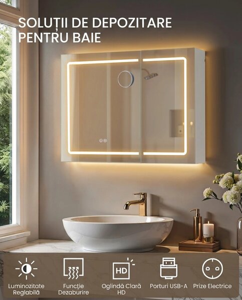 Dulap baie cu oglinda cu LED, Tiago, Alb, 80x60x16.5 cm