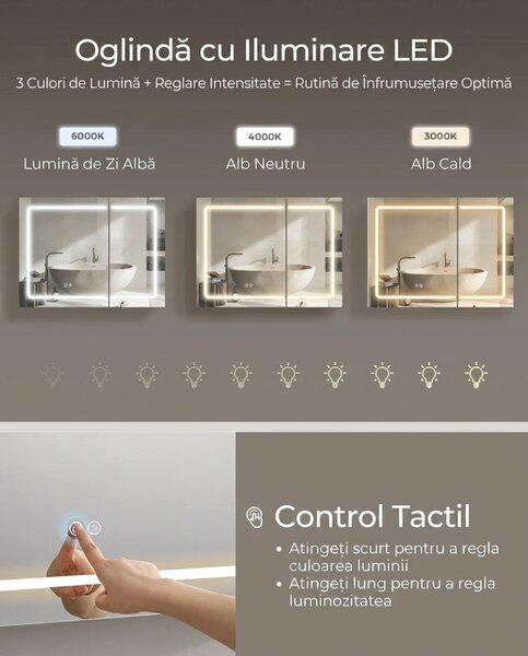 Dulap baie cu oglinda cu LED, Tiago, Alb, 80x60x16.5 cm
