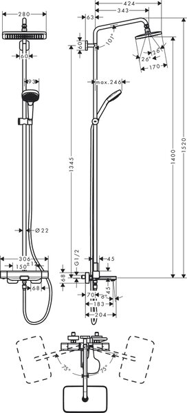 Hansgrohe Croma set cadă și duș perete cu termostat cu duș de ploaie crom 27687000