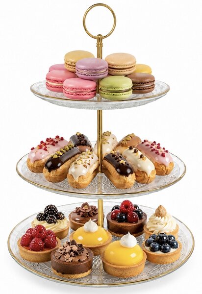 Fructiera etajata Pufo Luxury din sticla cu 3 nivele, pentru prajituri, mini torturi, fructe, aperitive, maner metalic auriu