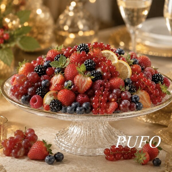 Fructiera tip platou Pufo Luxury din sticla cu picior pentru prajituri, torturi, fructe, aperitive, 25 cm