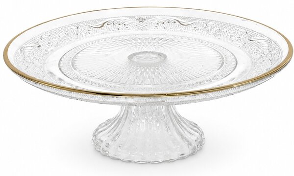 Fructiera tip platou Pufo Luxury din sticla cu picior pentru prajituri, torturi, fructe, aperitive, 25 cm