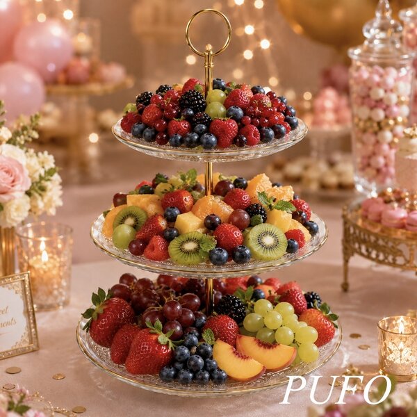Fructiera etajata Pufo Luxury din sticla cu 3 nivele, pentru prajituri, mini torturi, fructe, aperitive, maner metalic auriu