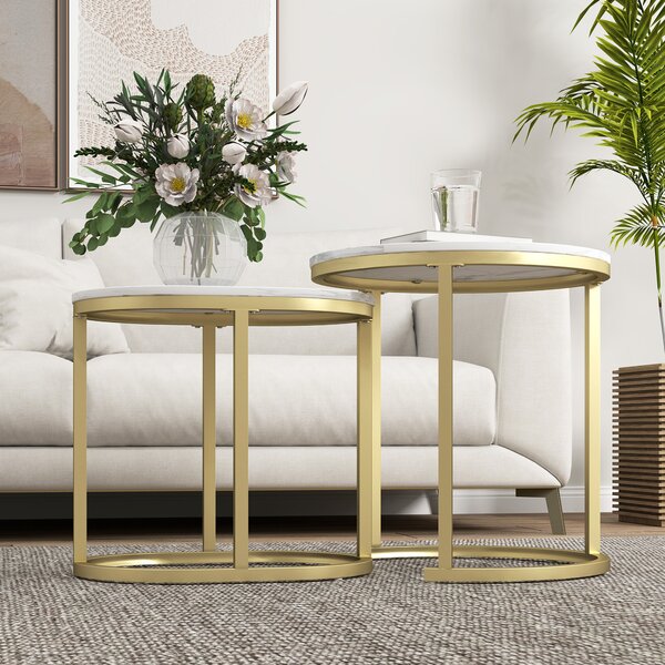 HOMCOM Set 2 Măsuțe de Cafea cu Blat cu Efect de Marmură din MDF și Oțel, Ø50x50.5 cm și 60x36x43.5 cm, Alb și Auriu | Aosom Romania