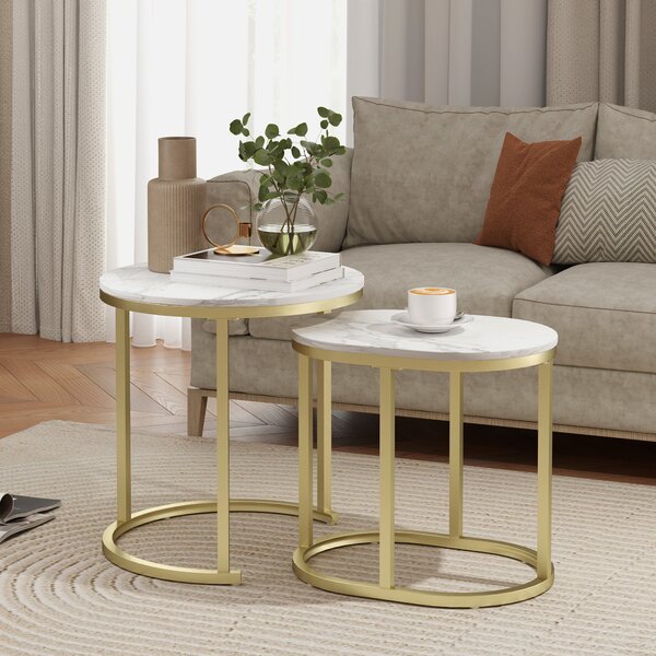 HOMCOM Set 2 Măsuțe de Cafea cu Blat cu Efect de Marmură din MDF și Oțel, Ø50x50.5 cm și 60x36x43.5 cm, Alb și Auriu | Aosom Romania