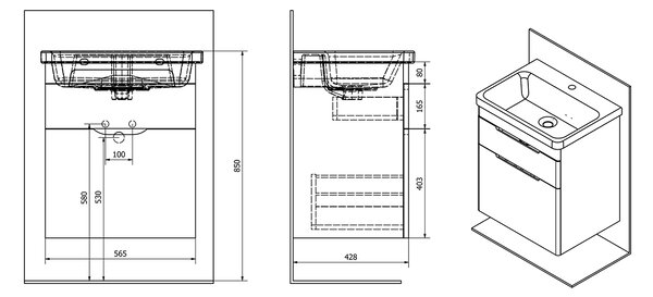 Sapho Sapho, dulap lavoar ELLA 56,5x65x43cm, 2x sertare, alb (70062), EL062-3030
