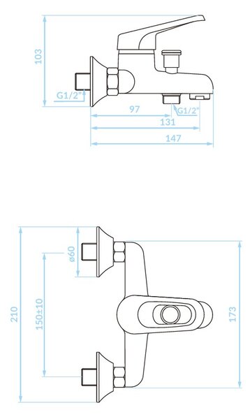 Kuchinox Grace, baterie de cadă cu montare pe perete fără set de duș, distanță 150 mm, cromat, LAV-BKY_010D
