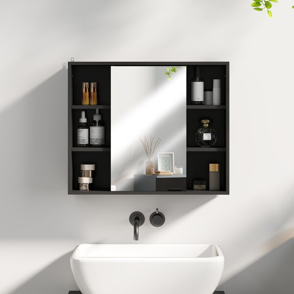 HOMCOM Dulap cu Oglindă pentru Baie, 3 Rafturi Laterale, Raft Reglabil, MDF și PAL, 60x14,5x49,4 cm, Negru și Lemn Natur | Aosom Romania