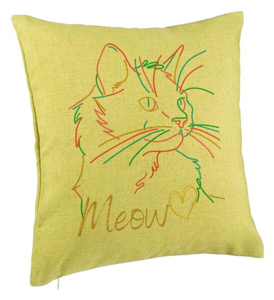 Perna Decorativa, Model Pisica Meow, 40x40 cm, Verde, Husa Detasabila, Burduf