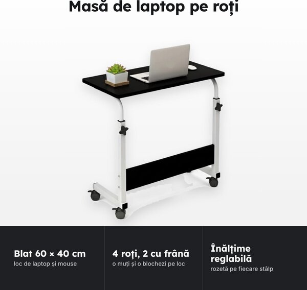 Masă pentru laptop pe roți, blat 60 × 40 cm, înălțime reglabilă