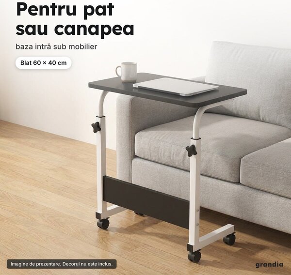 Masă pentru laptop pe roți, blat 60 × 40 cm, înălțime reglabilă