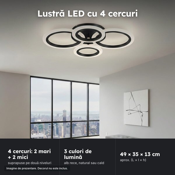 Lustră LED 2+2 cercuri neagră, 60 W, dimabilă, cu telecomandă