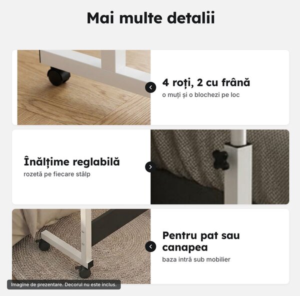 Masă pentru laptop pe roți, blat 60 × 40 cm, înălțime reglabilă