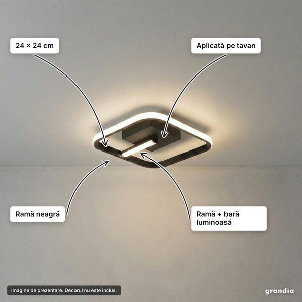 Lustră LED pătrată neagră 24 cm, 3 tonuri de lumină din întrerupător