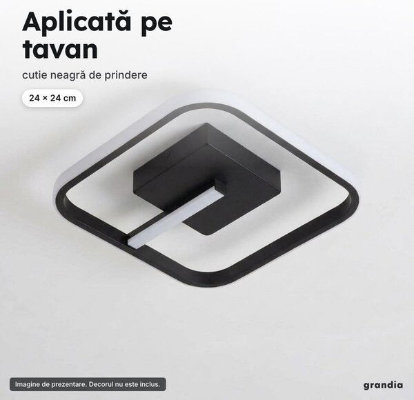 Lustră LED pătrată neagră 24 cm, 3 tonuri de lumină din întrerupător