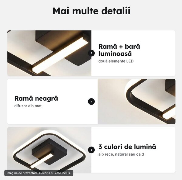 Lustră LED pătrată neagră 24 cm, 3 tonuri de lumină din întrerupător