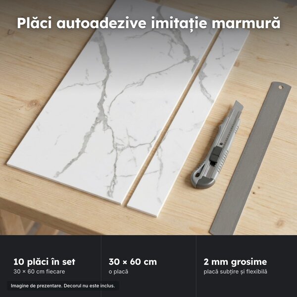 Set 10 plăci autoadezive imitație marmură albă, 30 × 60 cm, 2 mm (1,8 m²)