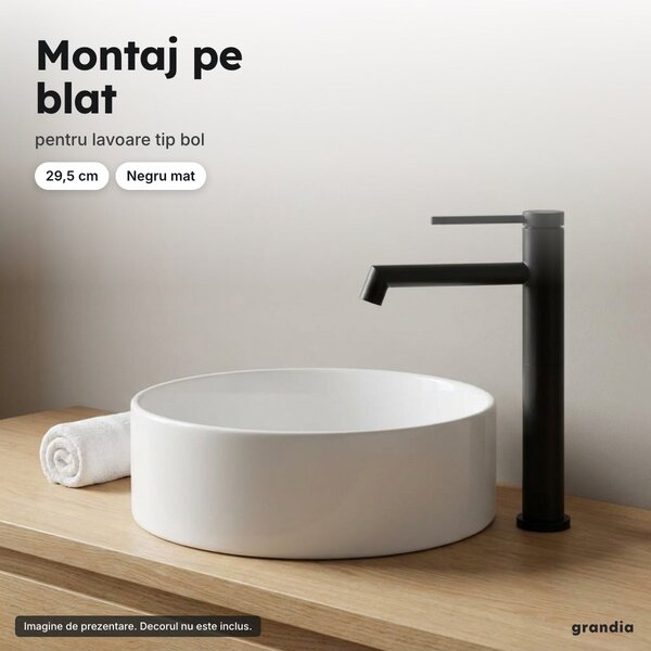 Baterie înaltă pentru lavoar, negru mat, montaj pe blat, 29,5 cm