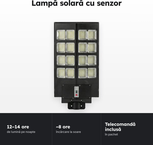Lampă solară LED de exterior cu senzor de mișcare, telecomandă și suport metalic