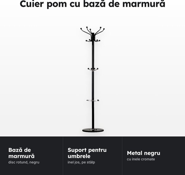 Cuier pom din metal negru, cu bază de marmură și suport pentru umbrele